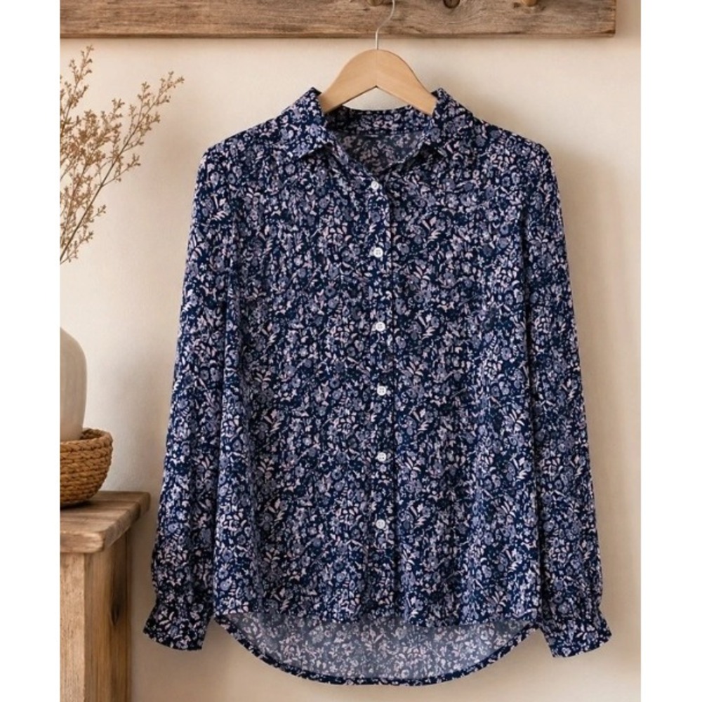 Womens Navy Blue Floral Long Sleeve Button Down Blouse Curved Hem Shirt